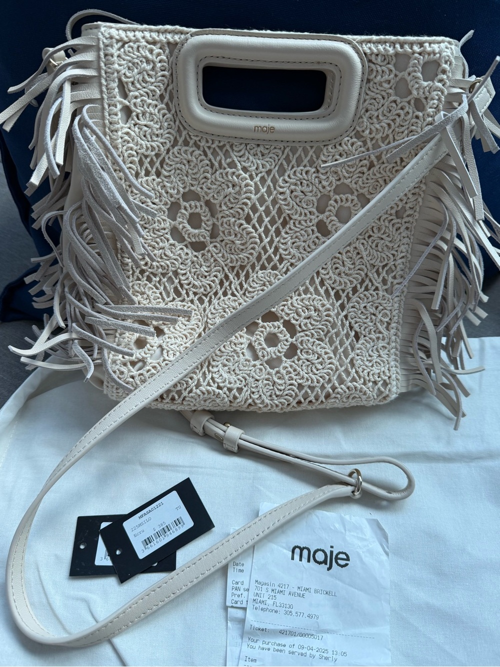 Maje Cream Macramé Fringe Tote with Removable Strap